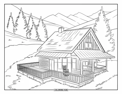 Landhaus-Ausmalbild für Erwachsene: Ein gemütliches Berg-Landhaus mit Schornstein, Holzdeck und hohen Kiefern rundherum