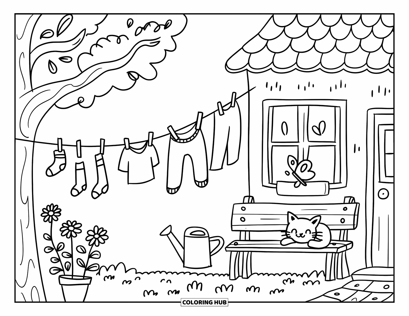 Cottage Coloring Page for Adults: A cozy round cottage with a clothesline between trees, a wooden bench, and a butterfly nearby