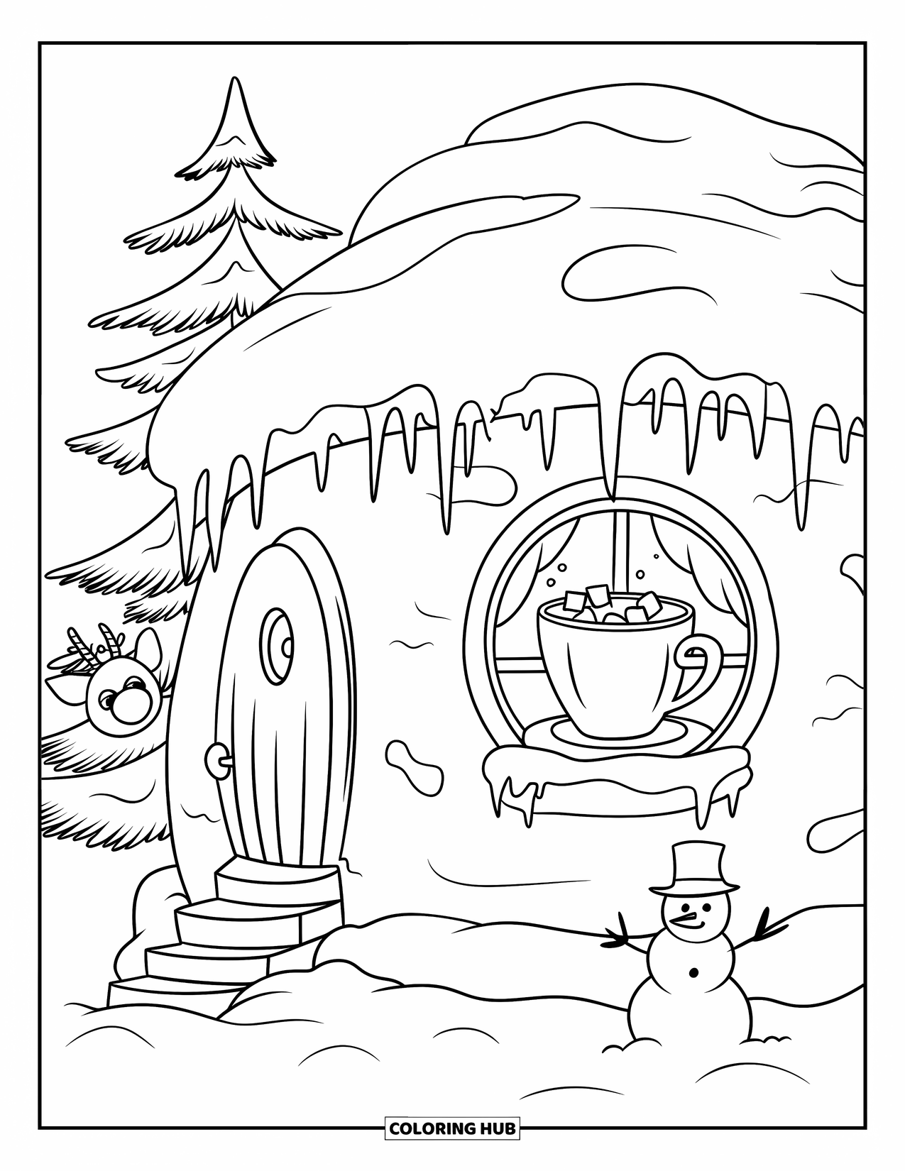 Cottage Coloring Page for Adults: A cozy snow-covered cottage with icicles, a snowman, and a warm drink by the window