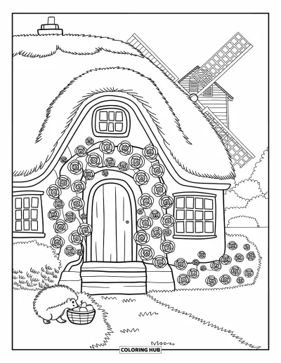 Landhaus-Ausmalbild für Erwachsene: Ein gemütliches Landhaus mit Reetdach, Windmühle im Hintergrund und einem kleinen Igel bei Äpfeln