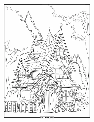 Landhaus-Ausmalbild für Erwachsene: Ein Märchen-Waldlandhaus mit gestuften Dächern, kleinen Türmchen und üppigen Kletterranken