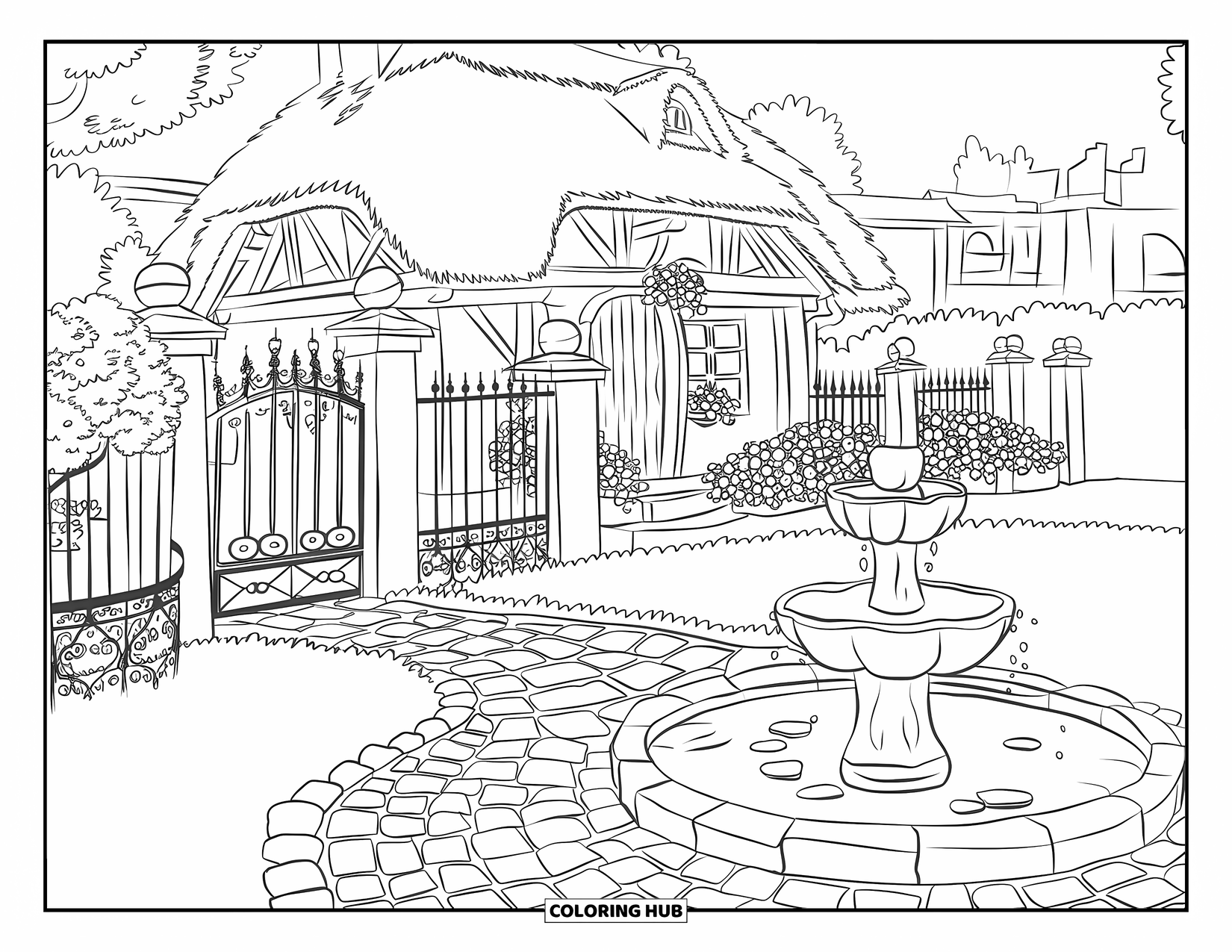 Cottage Coloring Page for Adults: A fairytale-style European cottage with a gated garden, a stone fountain, and a scenic backdrop