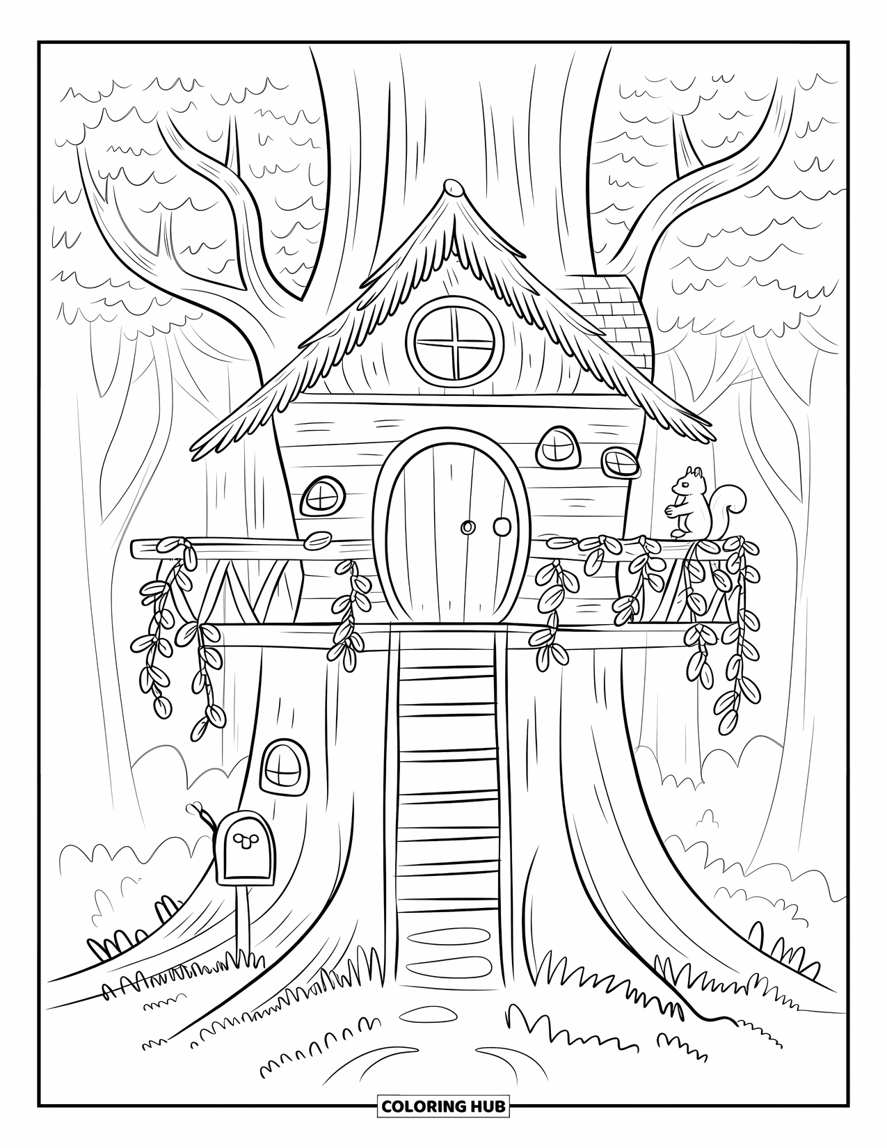Cottage Coloring Page for Adults: A fairytale treehouse cottage hidden in a forest, with leafy vines and a small mailbox