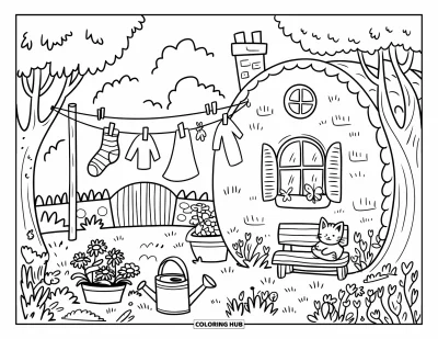 Landhaus-Ausmalbild für Erwachsene: Ein Garten-Landhaus mit Wäscheleine, kleinen wehenden Socken und einer Katze bei Gänseblümchen