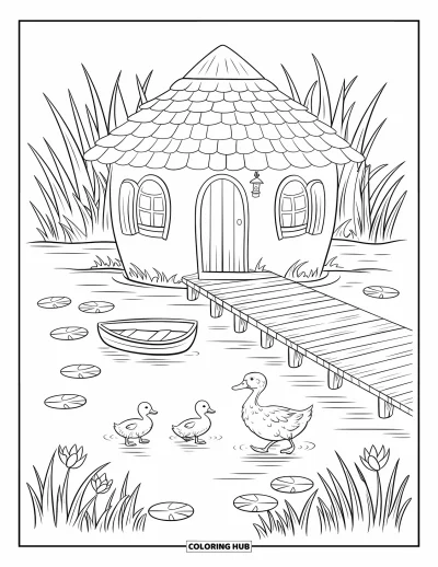 Landhaus-Ausmalbild für Erwachsene: Ein Landhaus am See mit Holzsteg, einer Entenmutter mit Küken und einem Boot am Ufer