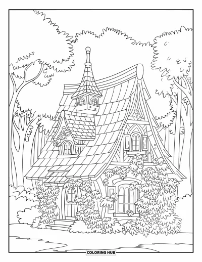 Landhaus-Ausmalbild für Erwachsene: Ein magisches Landhaus im Märchenstil mit Holzzaun, Garten und gewundenem Waldweg