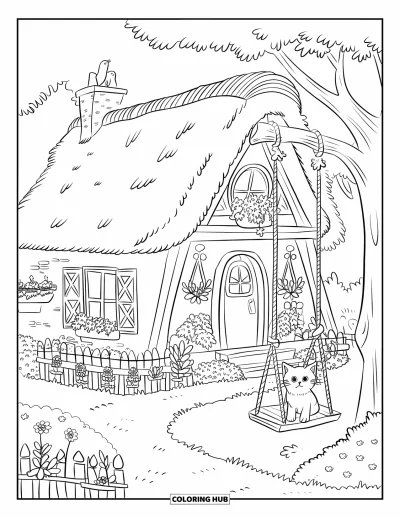 Landhaus-Ausmalbild für Erwachsene: Ein friedliches Garten-Landhaus mit Holzschaukel, einem Kätzchen und einem kleinen Staketenzaun
