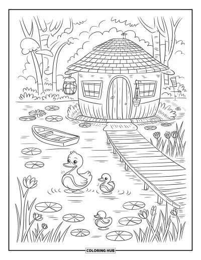 Landhaus-Ausmalbild für Erwachsene: Ein friedliches Landhaus am See mit Seerosen, Schilf und einem kleinen Boot am Ufer