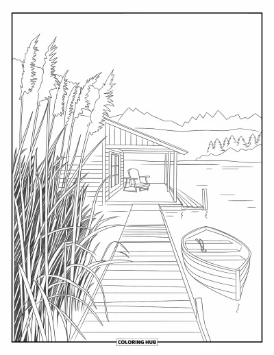 Landhaus-Ausmalbild für Erwachsene: Ein ruhiges Landhaus am Wasser mit Reetdach, umgeben von üppigem Grün und stillem Wasser