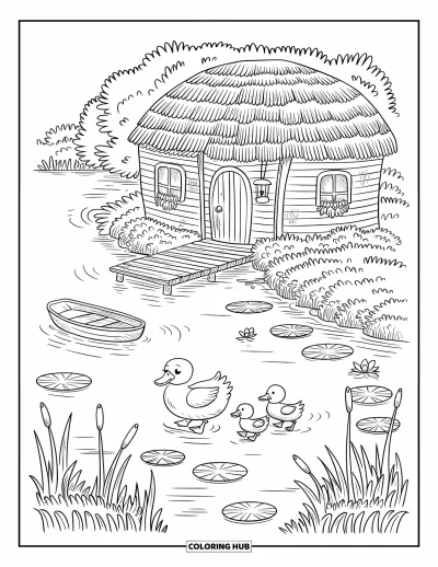 Landhaus-Ausmalbild für Erwachsene: Ein Landhaus mit rundem Dach am See, mit schwimmenden Enten und einer Laterne an der Tür