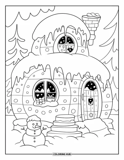 Landhaus-Ausmalbild für Erwachsene: Ein rundes Winter-Landhaus unter Schnee, mit winzigem Schneemann und einem Rentier in der Nähe