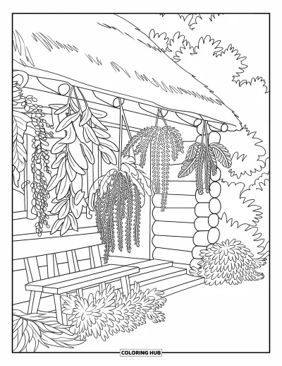 Landhaus-Ausmalbild für Erwachsene: Ein rustikales botanisches Landhaus mit Holzbalken, einer Bank und Farnen, die vom Dach hängen