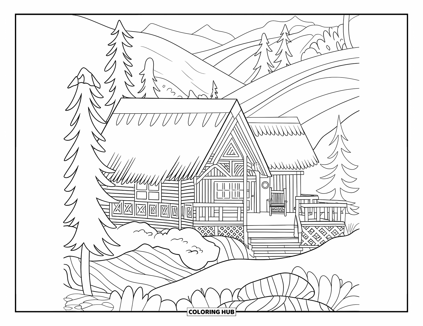 Cottage Coloring Page for Adults: A rustic mountain cottage with a steep roof, rolling hills, and a peaceful forest setting