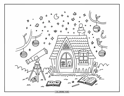 Landhaus-Ausmalbild für Erwachsene: Ein kleines Landhaus unter funkelnden Sternen, mit aufgebautem Teleskop und hängenden Laternen in der Nähe