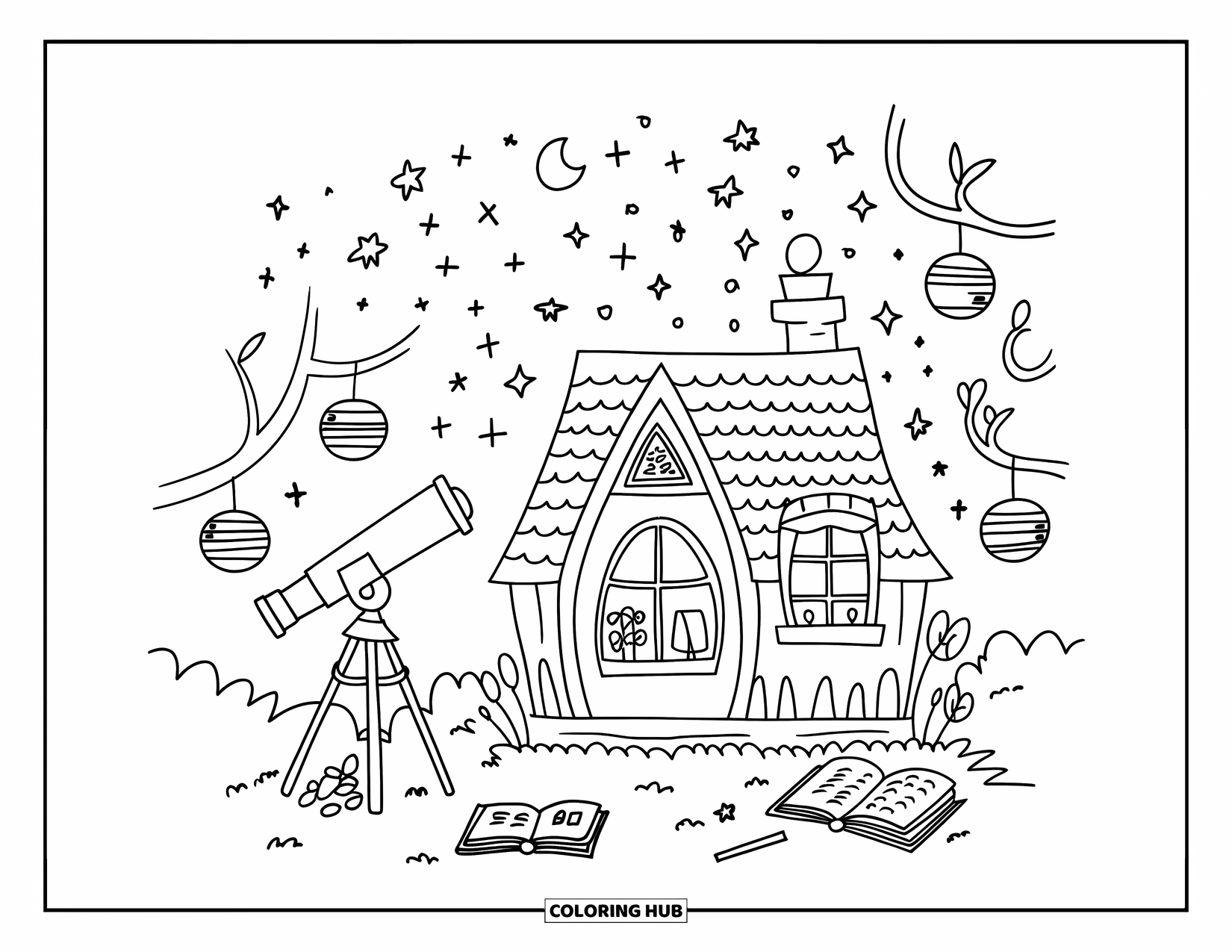 Cottage Coloring Page for Adults: A small cottage under twinkling stars, with a telescope set up and lanterns hanging nearby