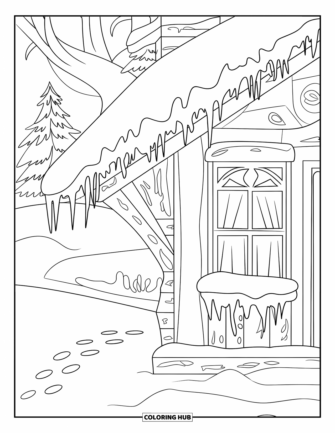 Cottage Coloring Page for Adults: A snow-covered winter cottage with icicles hanging from the roof and footprints in the snow
