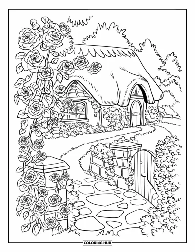 Landhaus-Ausmalbild für Erwachsene: Ein englisches Landhaus im Märchenbuchstil mit Holzläden, kletterndem Efeu und üppigem Garteneingang