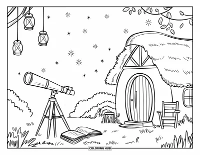 Landhaus-Ausmalbild für Erwachsene: Ein Landhaus mit Reetdach, Teleskop, Holzstuhl und einem Nachthimmel voller Sterne