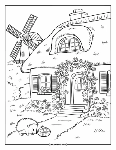 Landhaus-Ausmalbild für Erwachsene: Ein Landhaus mit Reetdach und Windmühle, ein Igel beschnuppert Äpfel, dazu kletternde Rosen