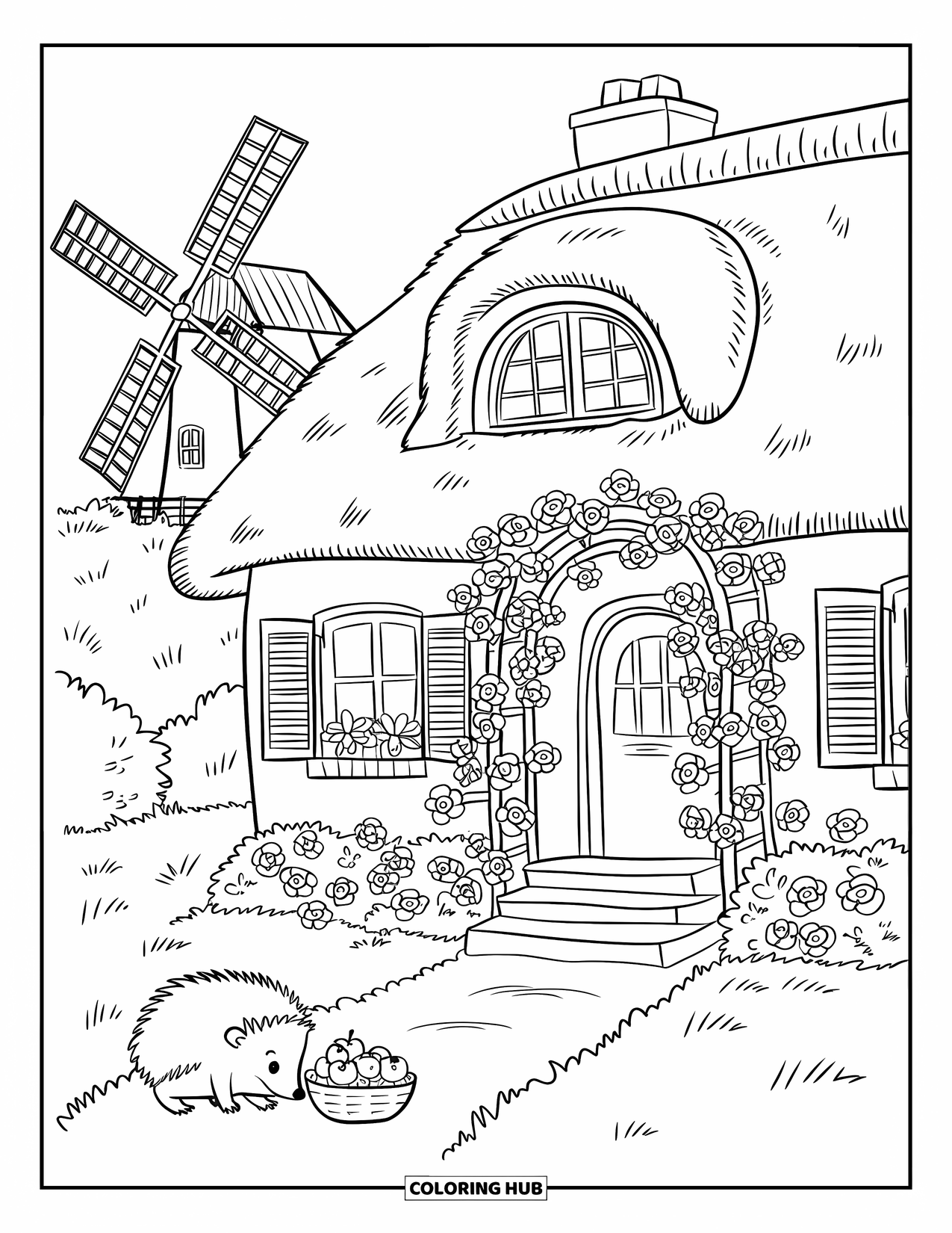 Cottage Coloring Page for Adults: A thatched-roof cottage with a windmill, a hedgehog sniffing apples, and climbing roses