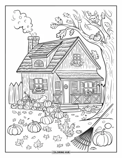 Landhaus-Ausmalbild für Erwachsene: Ein Landhaus mit Reetdach und Herbstlaub, ein ruhender Fuchs und ein Rechen am Zaun