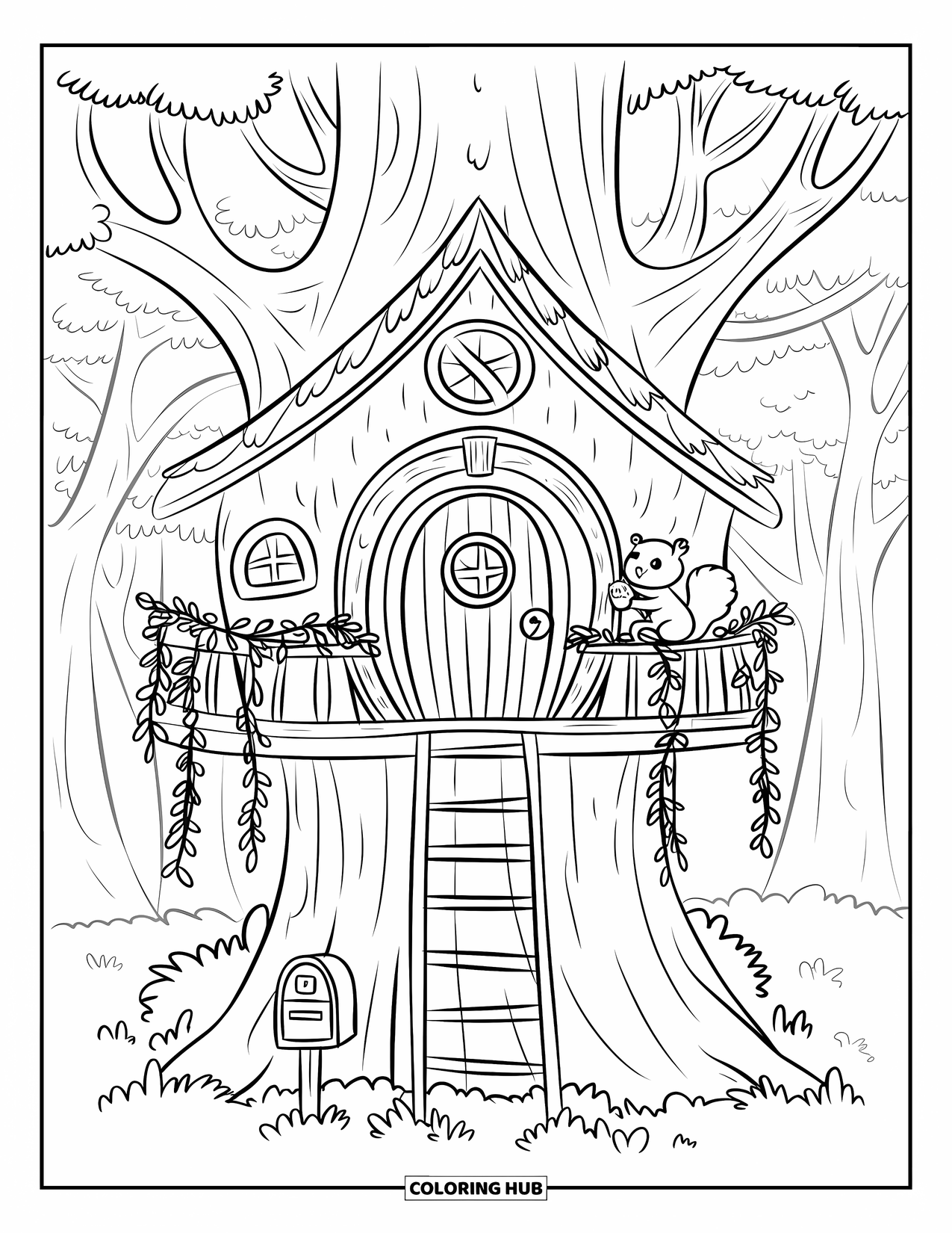 Cottage Coloring Page for Adults: A treehouse cottage with vines, a squirrel holding an acorn, and a tiny mailbox at the base