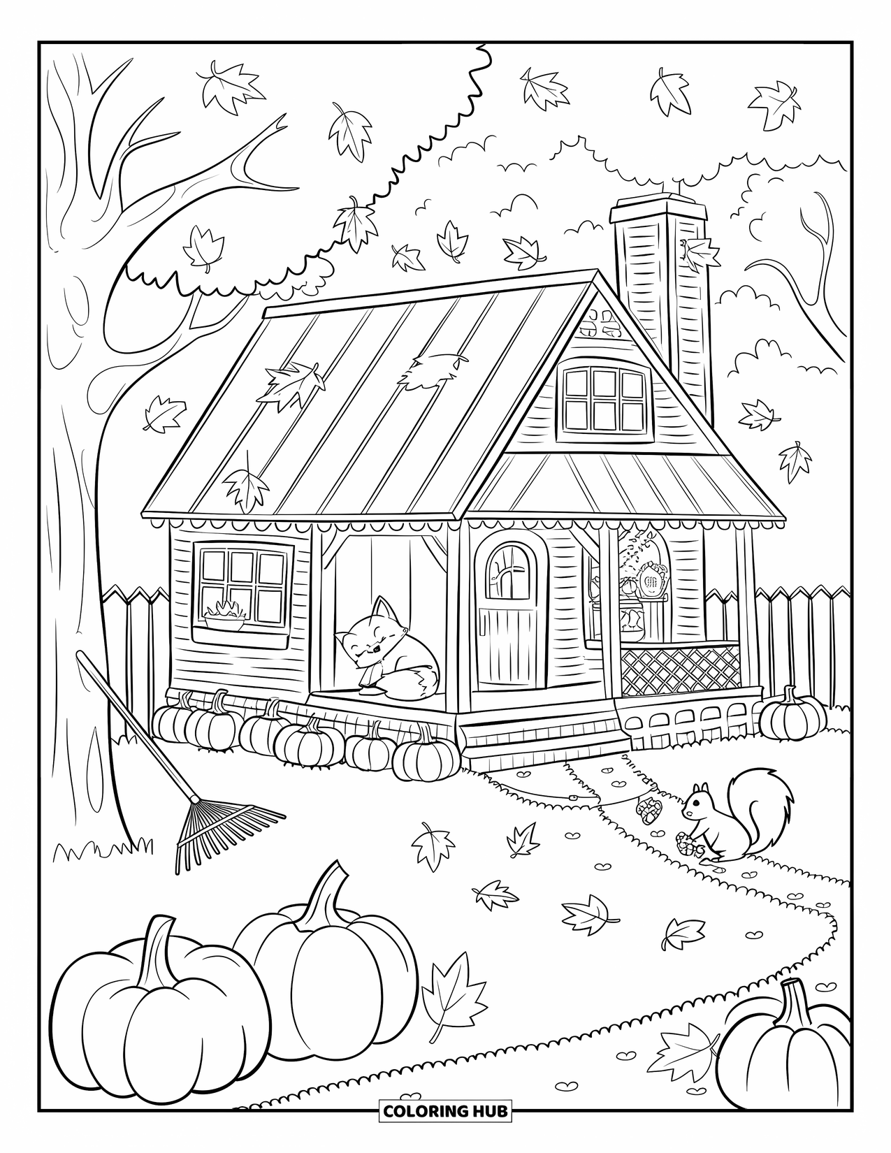Cottage Coloring Page for Adults: A warm autumn cottage with a chimney, pumpkins, and a playful squirrel collecting acorns