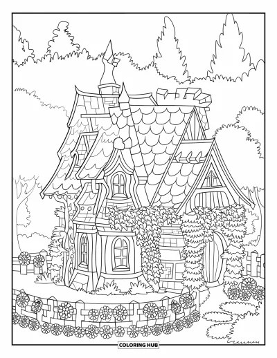 Landhaus-Ausmalbild für Erwachsene: Ein verspieltes Wald-Landhaus mit mehreren Schornsteinen, hohen Fenstern und Ranken an den Wänden