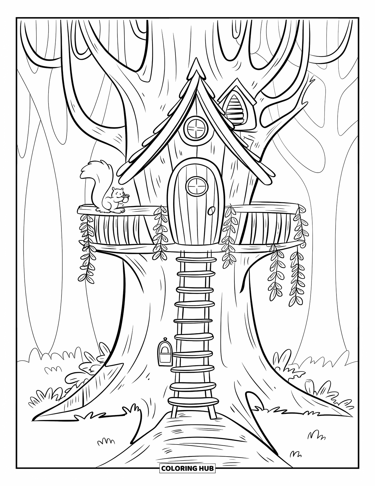 Cottage Coloring Page for Adults: A whimsical treehouse cottage built into a tree, with a ladder leading to a circular door