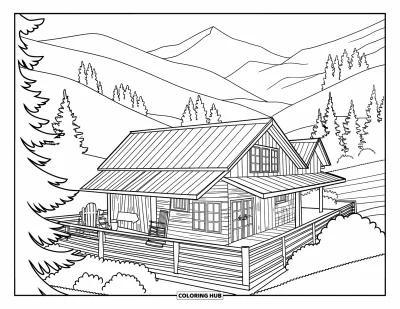 Landhaus-Ausmalbild für Erwachsene: Ein Holz-Landhaus in den Bergen mit Schaukelstuhl auf dem Deck und Kiefern in der Nähe
