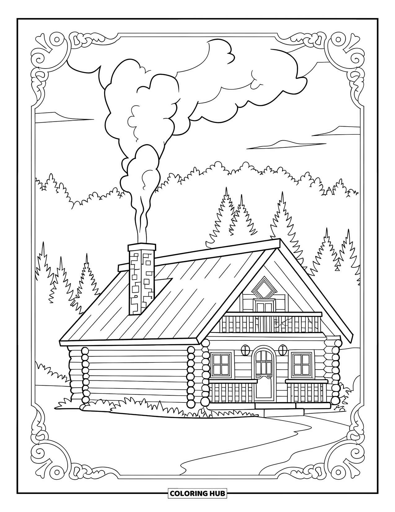 Cottage Coloring Page for Adults: A woodland log cabin with a rustic wooden exterior and a peaceful smoke-filled chimney
