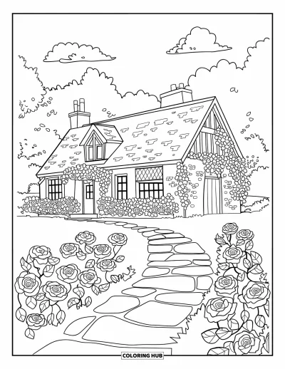 Landhaus-Ausmalbild für Erwachsene: Ein englisches Landhaus auf dem Land mit efeubewachsenen Wänden, blühenden Rosen und Steinweg
