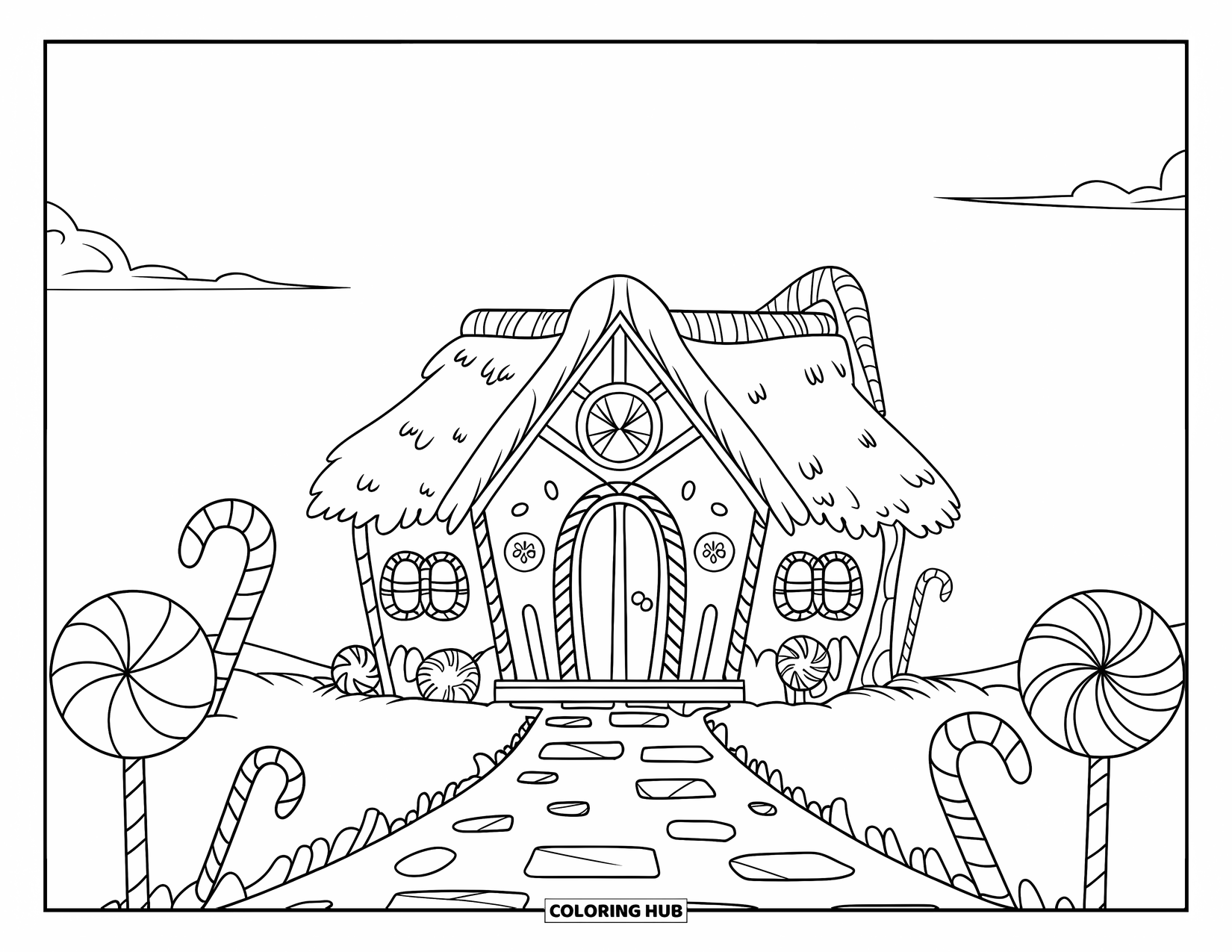 Cottage Coloring Page for Kids: A candy-themed cottage with a brick pathway, candy decorations, and a few clouds above