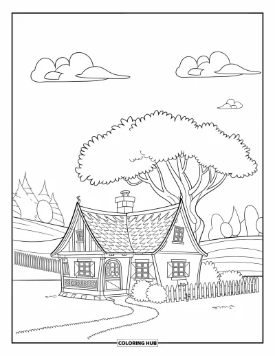 Landhaus-Ausmalbild für Kinder: Ein charmantes Landhaus mit Staketenzaun, kleinem Baum und sanften Hügeln in der Ferne