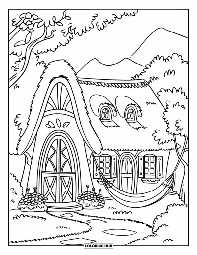 Landhaus-Ausmalbild für Kinder: Ein charmantes Landhaus mit Bogentür, Dachbodenfenstern und einer Hängematte zwischen zwei Bäumen