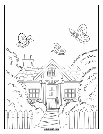 Landhaus-Ausmalbild für Kinder: Ein bezauberndes Landhaus mit Schmetterlingen, Holzzäunen und friedlicher Landkulisse