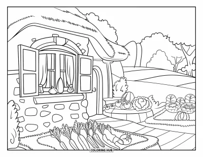 Landhaus-Ausmalbild für Kinder: Ein charmantes Landhaus mit Garten, offenem Fenster und malerischer Landschaft
