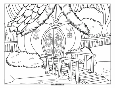 Landhaus-Ausmalbild für Kinder: Ein charmantes Wichtel-Landhaus zwischen Bäumen, mit einer winzigen Brücke über einen ruhigen See