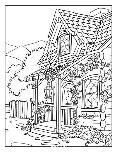 Landhaus-Ausmalbild für Kinder: Ein charmantes rustikales Landhaus mit Holzwänden, laternenbeleuchteter Veranda und malerischem Wald
