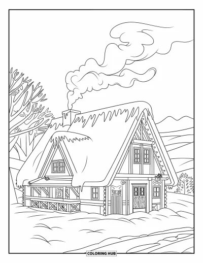 Landhaus-Ausmalbild für Kinder: Ein bezauberndes Winter-Landhaus mit Eiszapfen, kahlen Bäumen und verschneiter Landschaft im Hintergrund