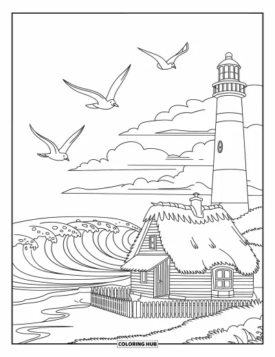 Landhaus-Ausmalbild für Kinder: Ein Küsten-Landhaus mit Reetdach, einem Leuchtturm in der Nähe und Wellen am Ufer