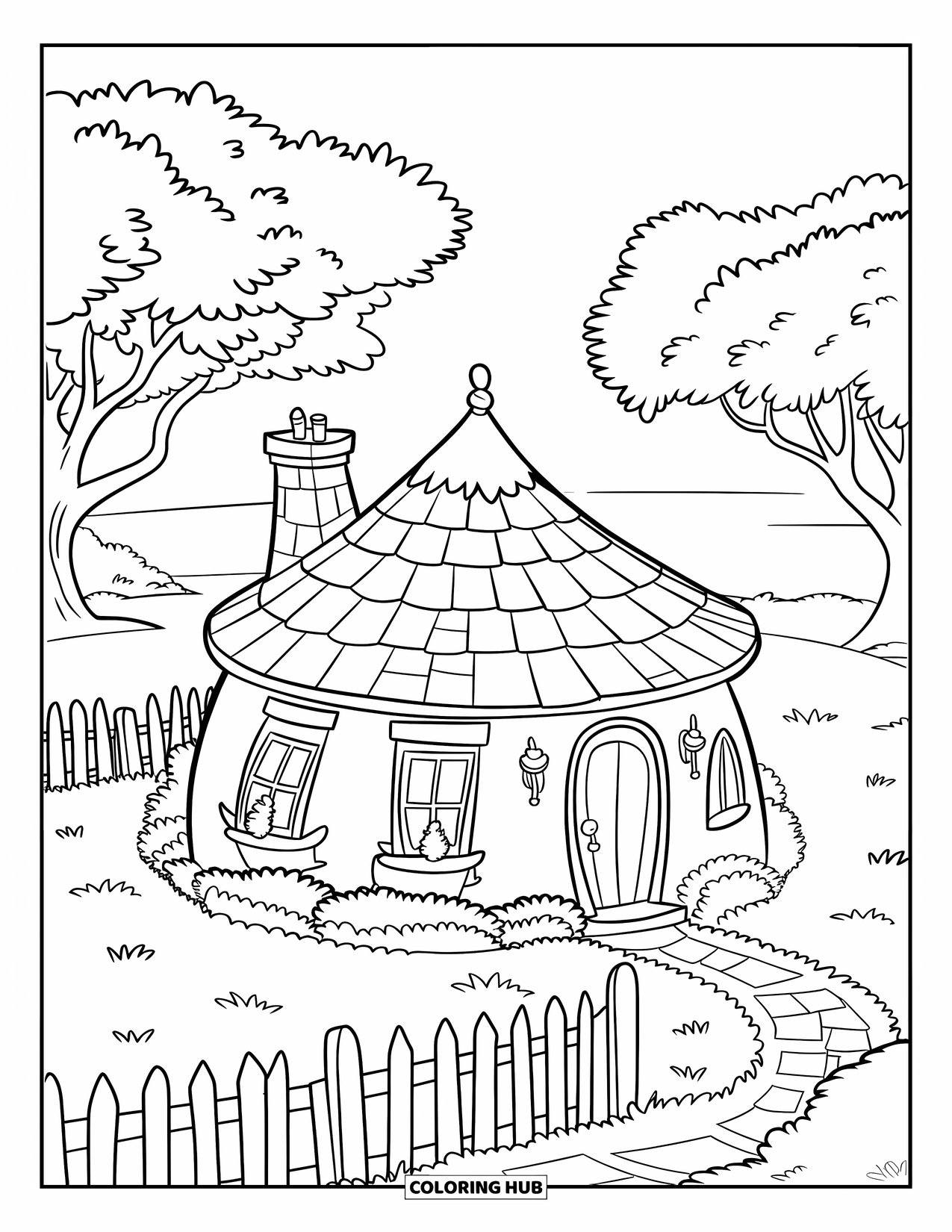 Cottage Coloring Page for Kids: A cottage with a round roof, a chimney, and a wooden fence, set in a serene landscape