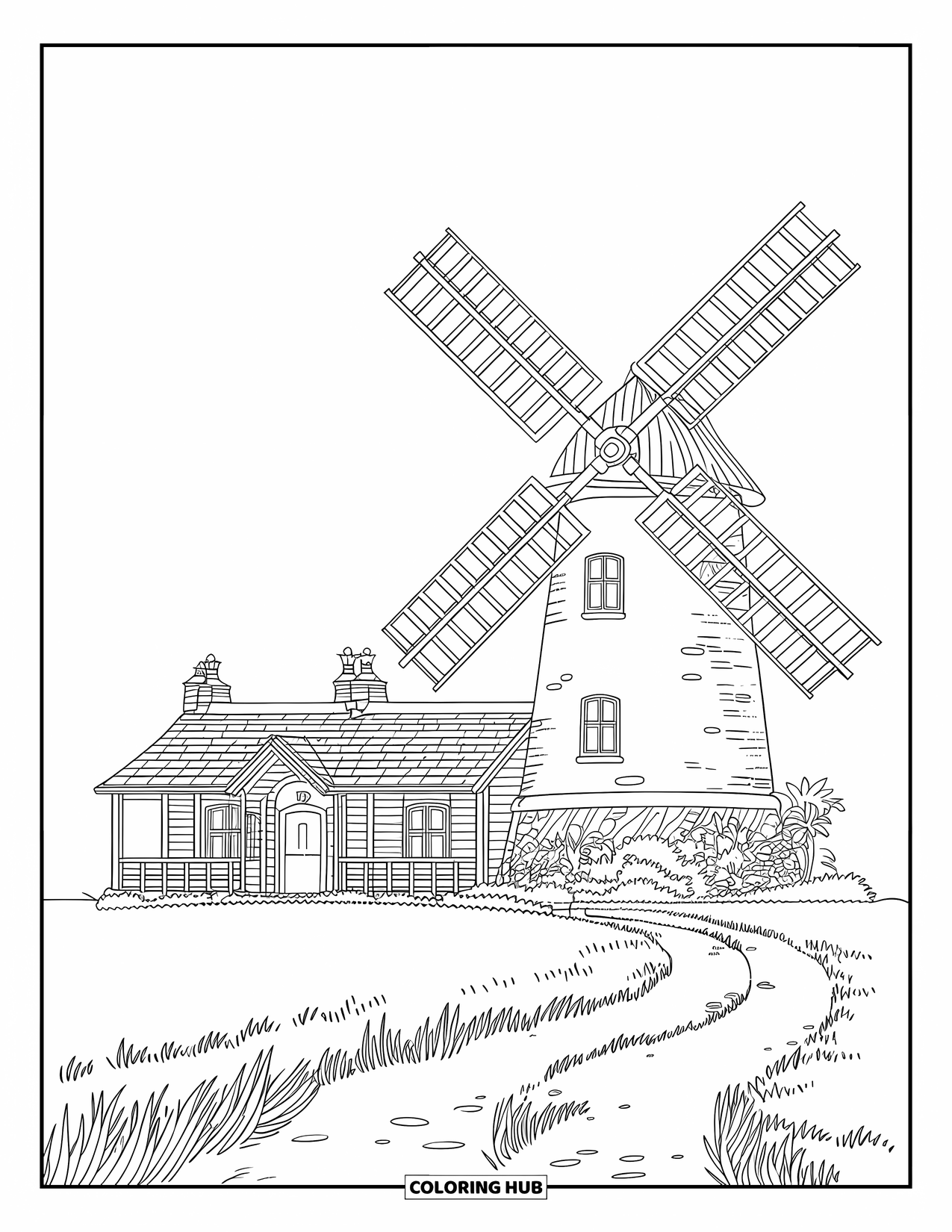Cottage Coloring Page for Kids: A cottage with a windmill in a grassy field, with a dirt path leading to the door