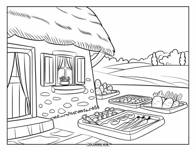 Landhaus-Ausmalbild für Kinder: Ein Landhaus auf dem Land mit Steinfundament, offenen Fenstern und kleinem Gemüsegarten