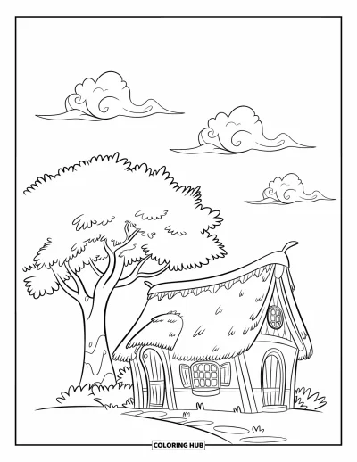 Landhaus-Ausmalbild für Kinder: Ein Landhaus auf dem Land mit Reetdach, Holztür und einem nahegelegenen gewundenen Weg