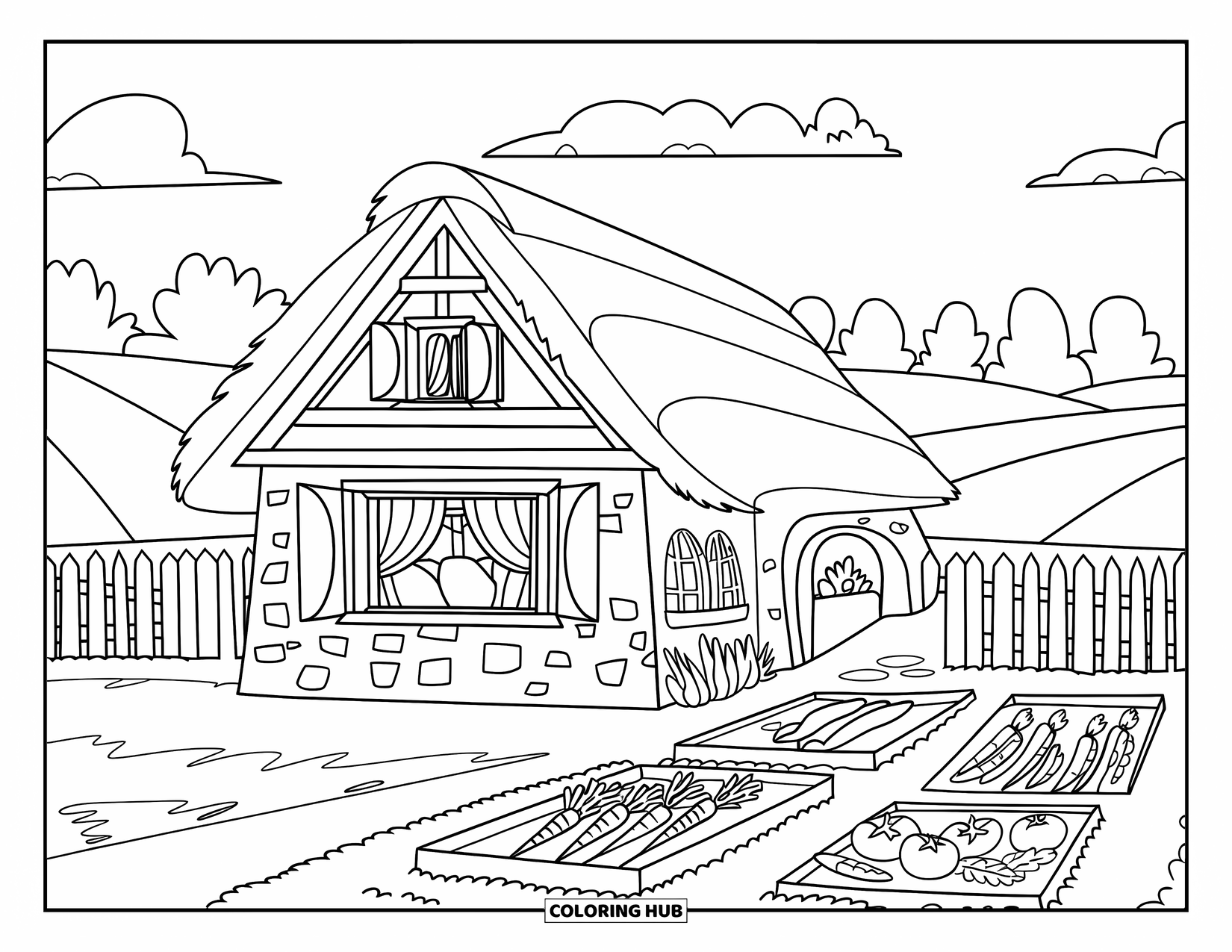 Cottage Coloring Page for Kids: A countryside cottage with a vegetable garden, picket fence, and rolling green hills
