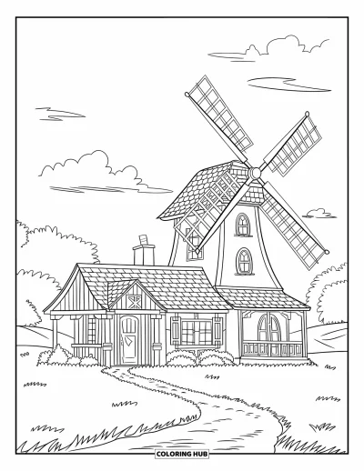 Landhaus-Ausmalbild für Kinder: Ein Landhaus auf dem Land mit Windmühle, eingebettet in sanfte Felder unter einem wolkigen Himmel