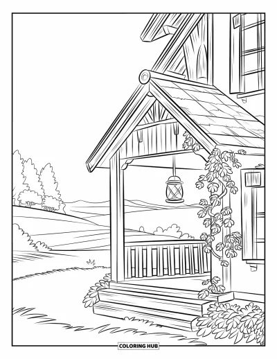 Landhaus-Ausmalbild für Kinder: Ein Landhaus auf dem Land mit Holzfassade, Laterne und friedlicher, sanft geschwungener Landschaft