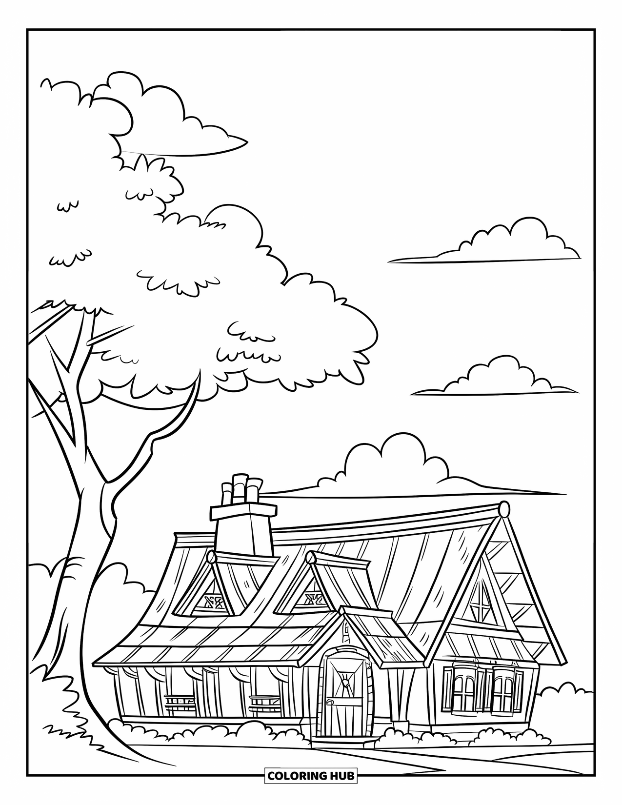 Cottage Coloring Page for Kids: A cozy cottage with a sloped roof, a large tree, and a few fluffy clouds in the sky