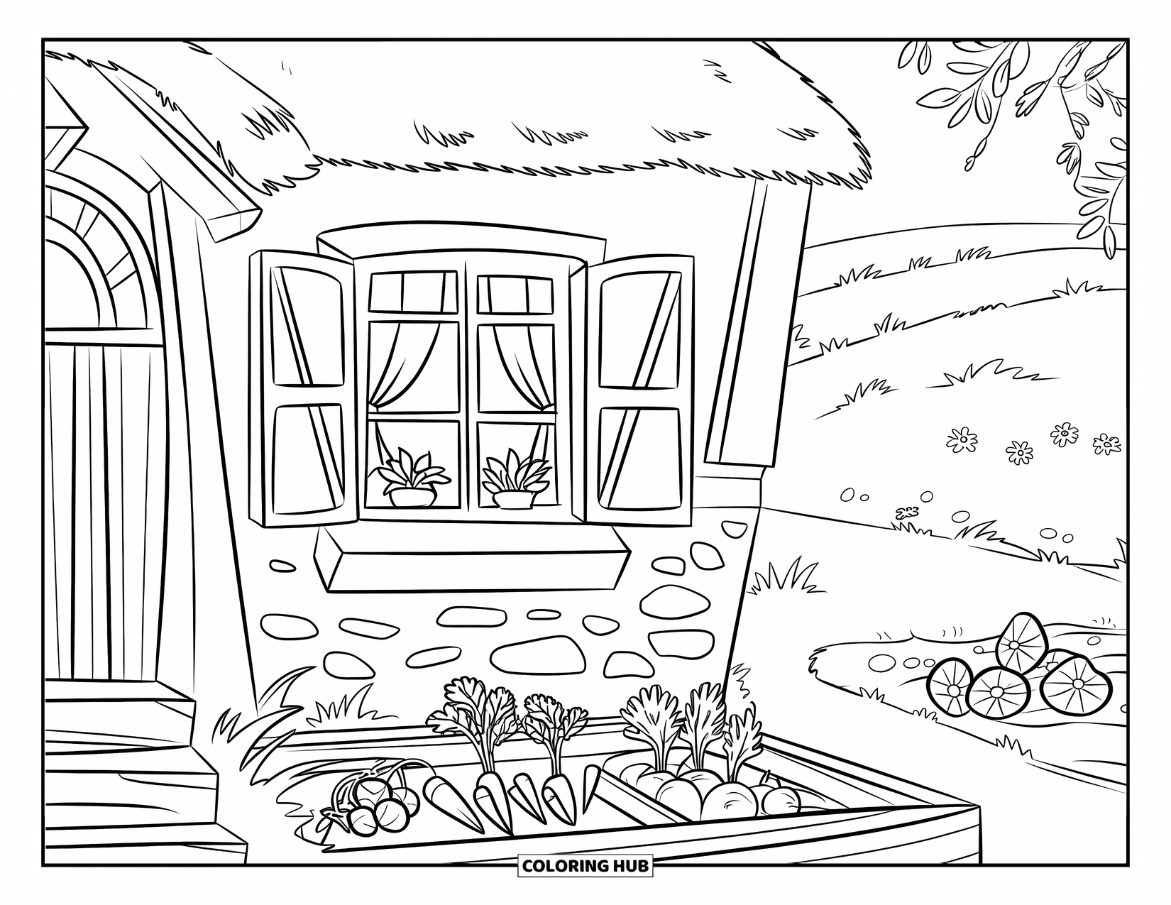 Cottage Coloring Page for Kids: A cozy cottage with a vegetable garden, a stone foundation, and a peaceful rural setting